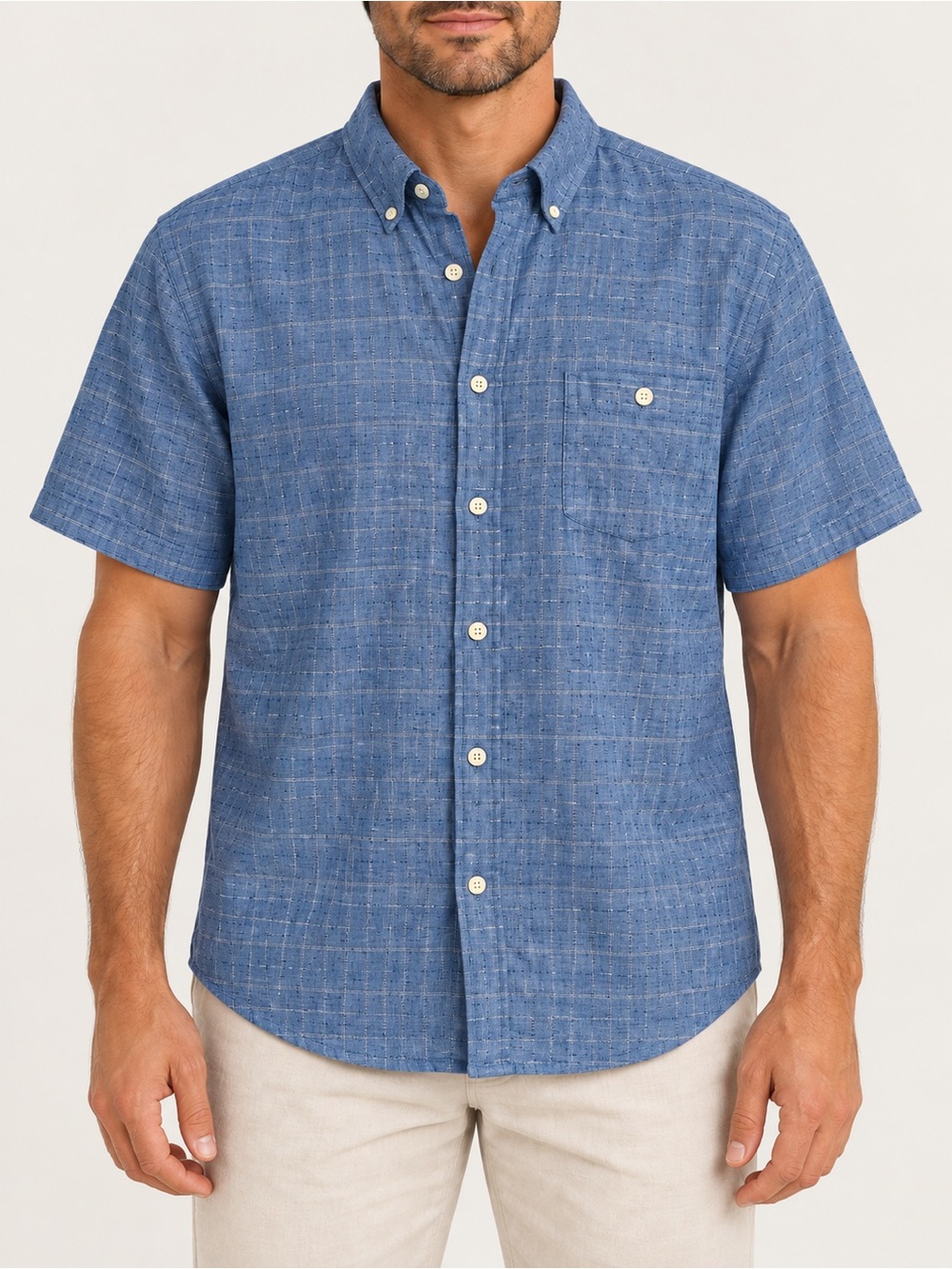 Weatherproof Vintage Men’s XXL Linen Cotton Textured Plaid Short Sleeve Shirt